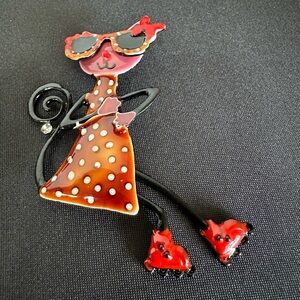 Red and Black Polka Dot Cat Brooch